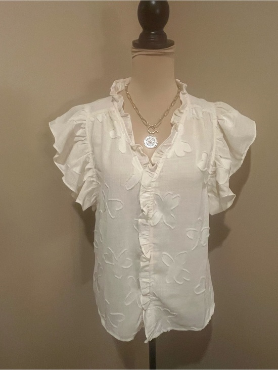 Voy Tops - Voy Fairy Flutter Sleeve Appliqué V Neck Blouse, size Small